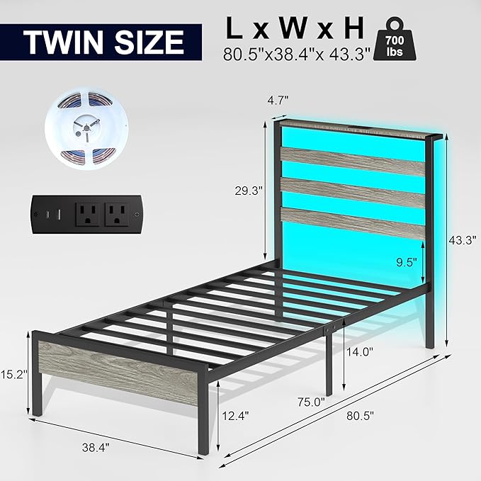 Twin Bed Frame with LED Lights & Charging Station, Metal Platform Bed with Headboard, Heavy Duty Metal Slats, No Box Spring Needed, Noise Free, Easy Assembly