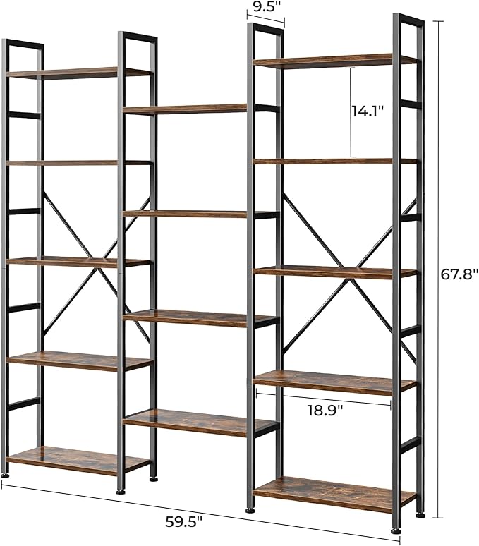 SUPERJARE Triple 5 Tier Bookshelf, Bookcase with 14 Open Display Shelves, Wide Book Shelf Book Case for Home & Office, Rustic Brown