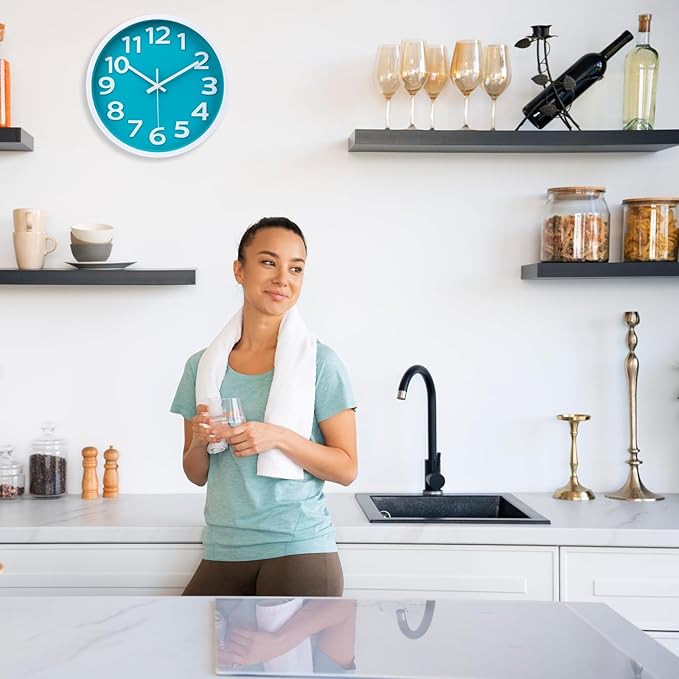 Wall Clock Silent Non Ticking Indoor Outdoor Clock Battery Operated Easy to Read Analog Decorative Clocks for Bedroom Office Home Patio Pool Porch Decor,12 Inch Aqua