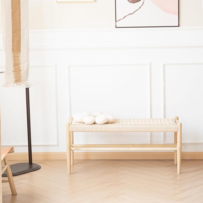 Solid Wood Entryway Bench with Shoe Storage, Rustic Oak Wood and Woven Design 39.4 Inch Long Seating for Living and Dining Rooms,Nature