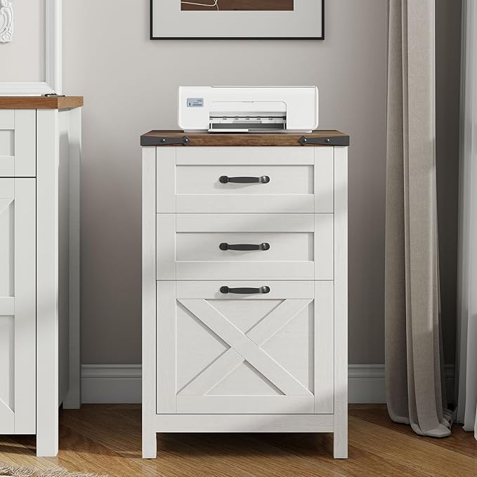 Vertical File Cabinet with 3 Drawers, Wooden Farmhouse Filing Cabinet for Letter/A4 Size Hanging Files, Under Desk Printer Stand with Storage for Home Office, Rustic White
