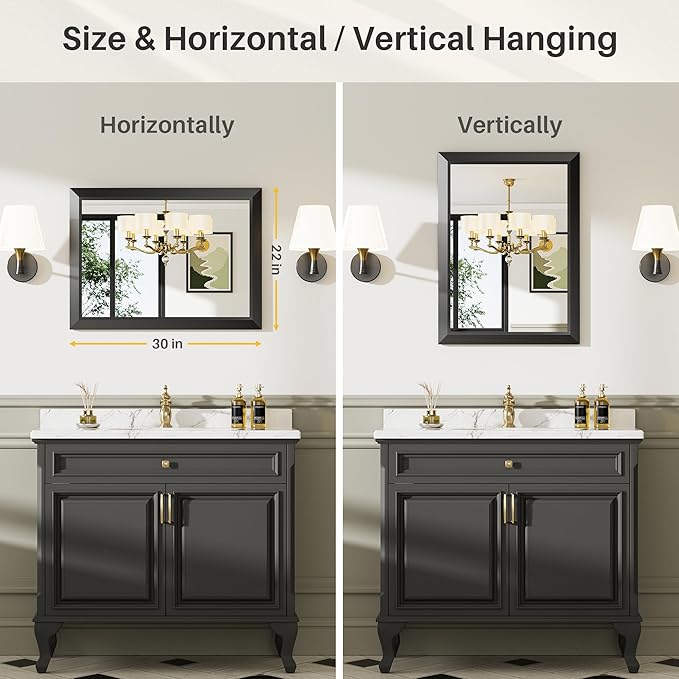 22x30 Inch Black Bathroom Mirror for Wall, Thick Metal Framed Rectangle Mirrors for Over Sink, Bedroom, Living Room, Entryway, Anti-Rust, HD Tempered Glass