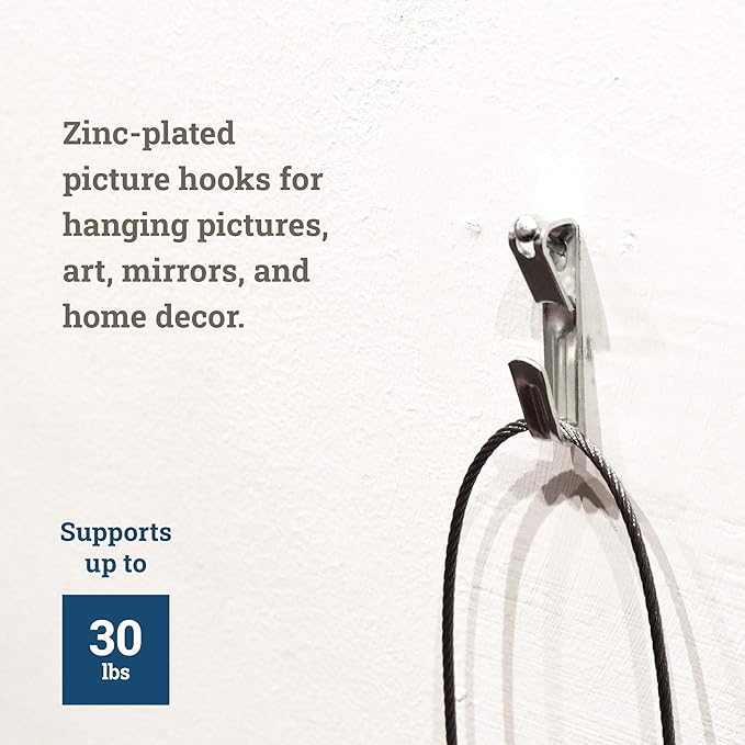 Picture Hanging Hooks 30 lb - Professional Picture Hangers for Drywall with Wall Nails - 100 Pack