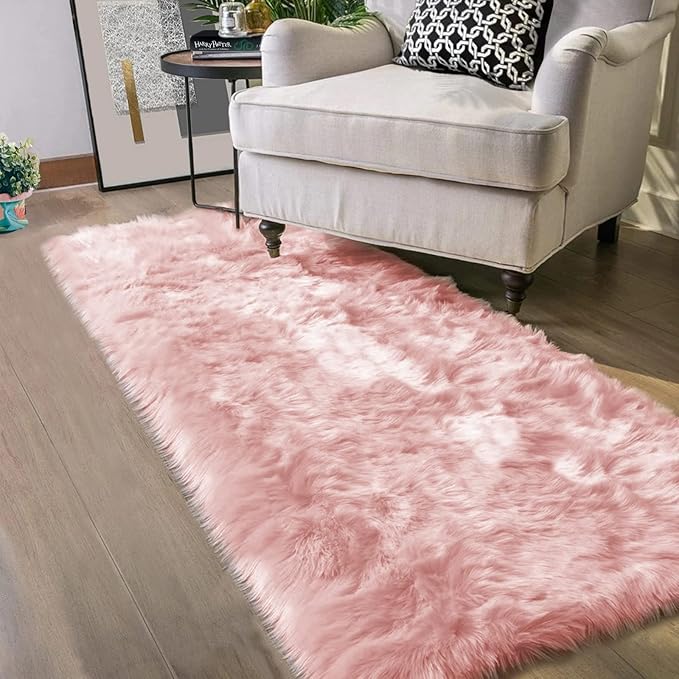Latepis Pink Rugs for Bedroom Girls Washable Runner 2x6 Faux Fur Rug Soft Furry Rugs Fluffy Throw Sheepskin Rug Cute Room Décor Cushion, Runner