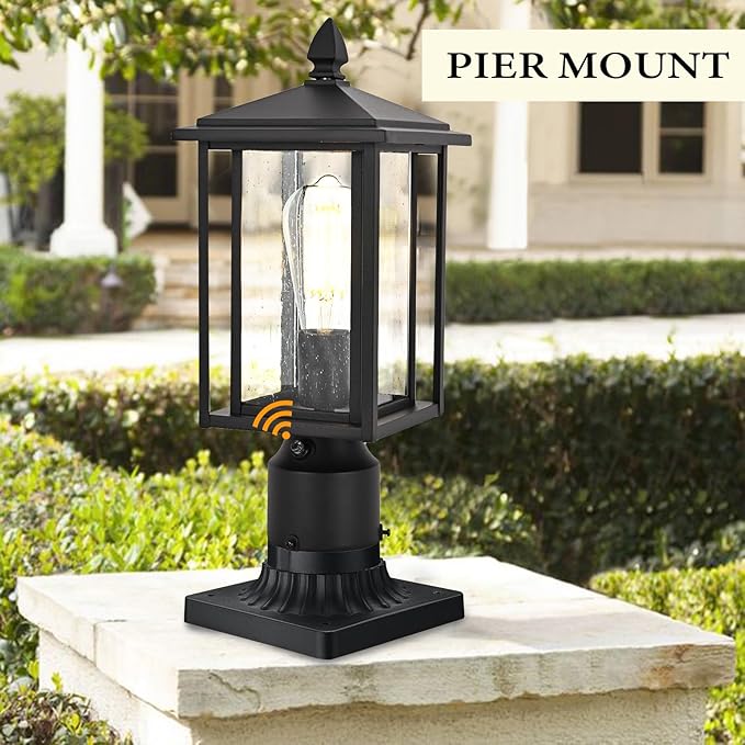 Outdoor Dusk to Dawn Post Light Fixture with Glass, Aluminum Light Post Lamps for Patio, Yard, Garden, Porch