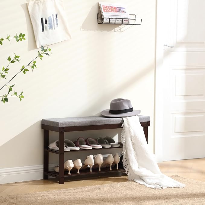 Apicizon 3-Tier Shoe Rack for Entryway, Bamboo Shoe Bench with Cushion Padded Seat, Small Shoe Organizer with Storage for Indoor Entrance Hallway Bedroom Living Room, 35.4 Inches, Brown
