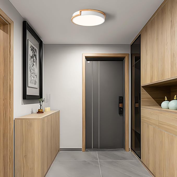 Modern LED Close to Ceiling Light, Round Flush Mount Ceiling Lighting Fixture, Matte White with Wood Accent, Minimalist Kitchen Light Fixtures for Bedroom, Entryway, Living Room, 15.8in