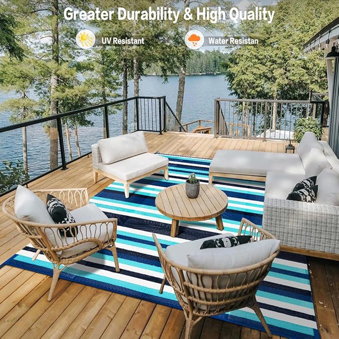 Outdoor Waterproof Rug 8'x10' Plastic Straw Rugs Washable Reversible Floor Mat Blue Stripe Carpet for Camping RV Deck Entryance Porch Picnic Balcony Beach Backyard