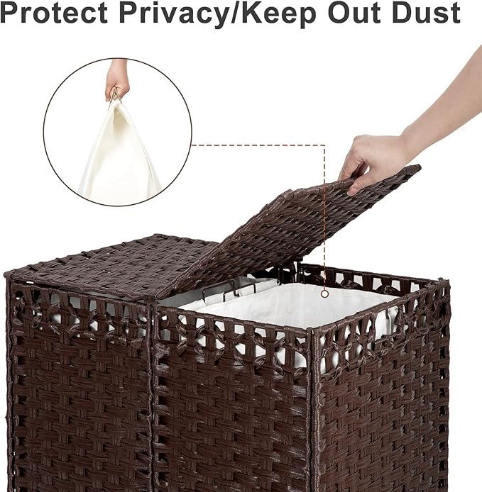 130L Foldable Laundry Hamper with Lid - Handwoven Rattan Storage Basket, 2-Section Clothes Hamper w/2 Removable Liner Bags, Easy Assembly, Portable for Bedroom Bathroom Dorm,Brown