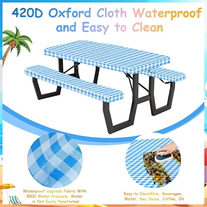 33" L x 20" W x 3" H Bule Grid Picnic Table Cover for Kids, Fitted Tablecloth for Outdoors Oxford Cloth Waterproof Cloth for Camping Home Goods Indoor Outdoor Patio BBQ