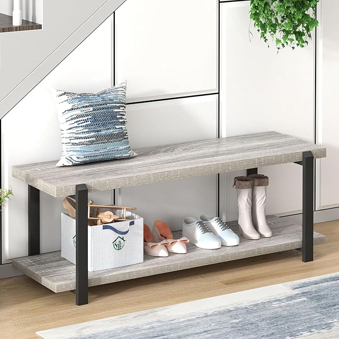 FOLUBAN Entryway Bench, Vintage Wood and Metal Shoe Bench for Hallway Front Door Entrance, Farmhouse Indoor Shoe Storage Bench Seat for Bedroom, Living Room, Light Grey, 47 Inch