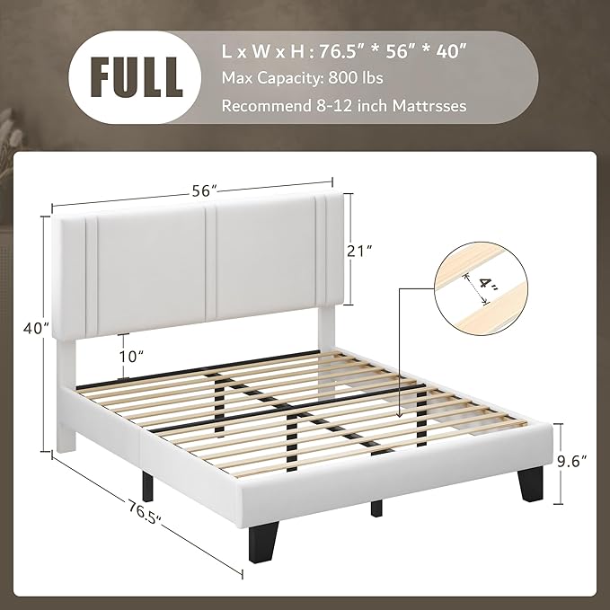 iPormis Full Platform Bed Frame with Velvet Upholstered Headboard & Thickened Legs, Mattress Foundation w/Solid Wooden Slats Support, Noise Free, No Box Spring Needed, White