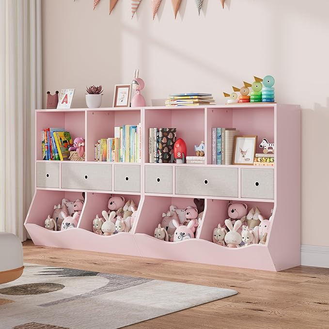 GAOMON 3-Tier Kids Bookshelf & Toy Storage Organizer - Wooden Bookcase with 6 Drawers, 8 Cubby Shelves, Anti-Tip Safety Design - Nursery, Playroom, Children's Room -2 Set Pink
