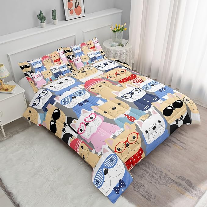 Puppy Comforter Bedding Set for Kids - Cute Pug Pattern Cartoon Pet Twin Set with 1 Comforter and 2 Pillowcases