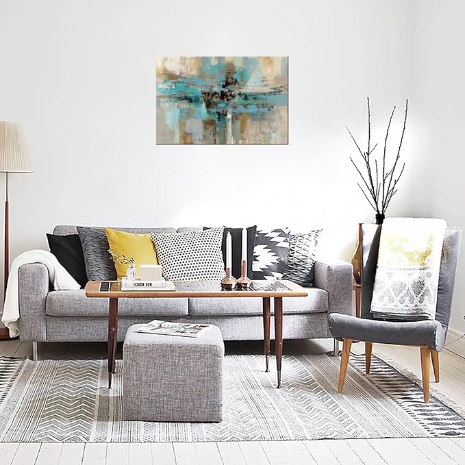 DZL Art A74769 Canvas Prints Abstract Wall Art Print Paintings Blue and Brown Stretched Canvas Wooden Framed for Living Room Bedroom and Office Home Decor Artwork