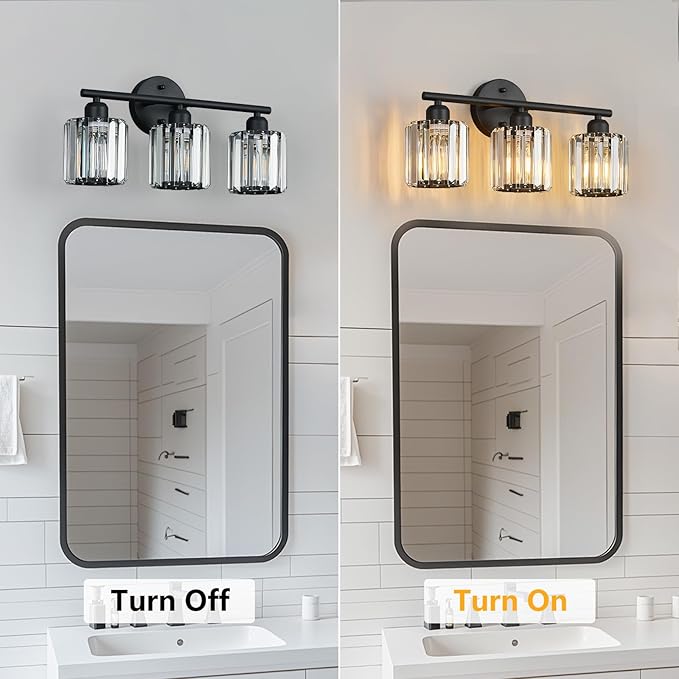 Modern 3 Light Crystal Vanity Light, Black Vertical Bathroom Light Fixture Over Mirror for Dressing Table Sink, Compatible with Dimmable Bulbs (Bulbs Not Included)