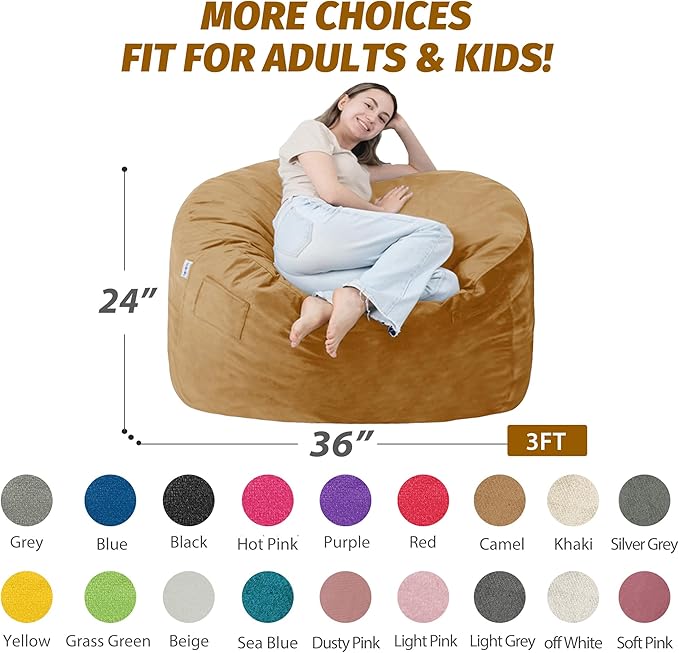 3FT Bean Bag Chair with Ultra Soft Velvet Cover Bean Bag Sofa with Memory Foam Bean Bag Chairs with Large Size Lazy Sofa for Dorm Office Living Room Bedroom Camel 3'