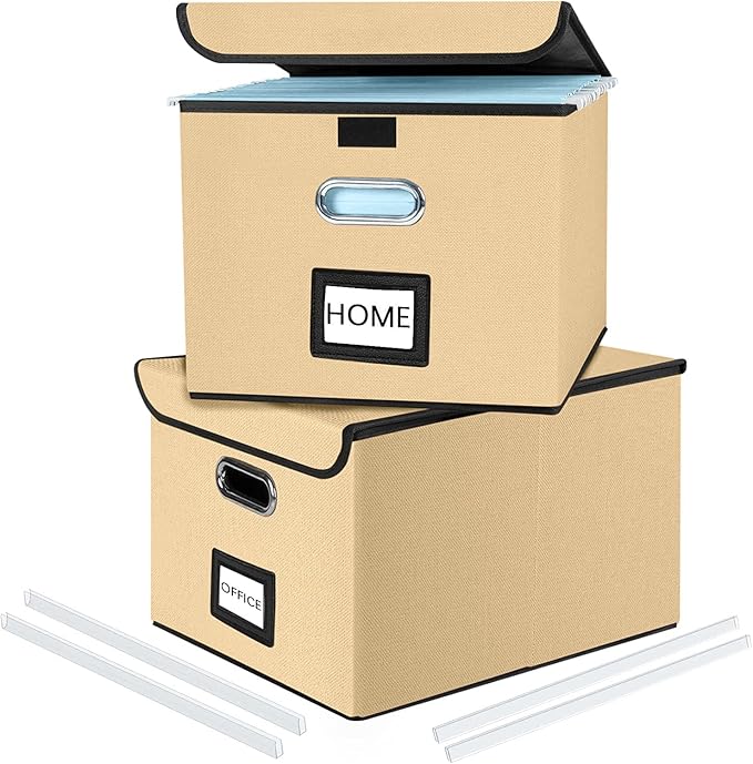 Huolewa File Organizer Box with Lid, Collapsible File Folder Organizer for Office Document Storage, Filing Box with Plastic Slide for Letter/Legal Size Hanging Files, Brown, 2 Pack