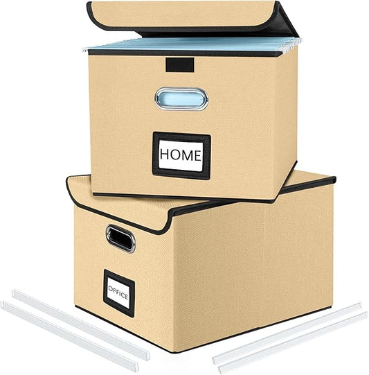 Huolewa File Organizer Box with Lid, Collapsible File Folder Organizer for Office Document Storage, Filing Box with Plastic Slide for Letter/Legal Size Hanging Files, Brown, 2 Pack