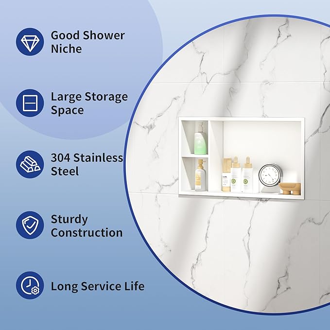 Stainless Steel Shower Niche 24" X 12" White No Tile Needed Horizontal Niche Shower with Shelf Recessed Wall Niches for Bathroom Storage