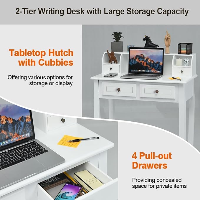 Kids Study Desk, 32" Small Wooden Writing Desk with 4 Drawers for Home Office, 6-16 Years Girls Boys Study Table with Hutch for Bedroom Study Room, Compact Computer Desk, Vanity Makeup Table, White