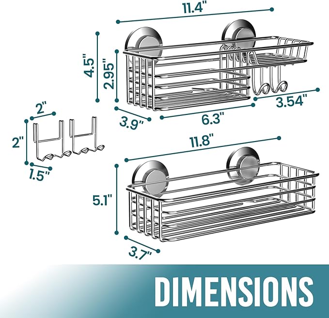 TAILI Shower Caddy Suction Cup 2 Pack with Hooks and Soap Holder, Heavy Duty Shower Organizer for Bathroom, No Drilling Silver bathroom suction shelves