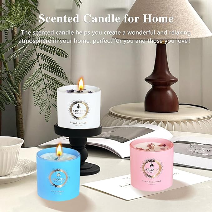 3 Pack Scented Candles Gift Set for Women, Birthday Gifts for Women, Valentines Day for her, Mothers Day Gifts, Candles for Home Scented of Lavender, Ocean Breeze & Rose Sandalwood