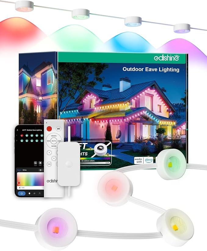 EDISHINE 60ft Permanent Outdoor Eave Lights for House, 40 Individually Controlled LED Christmas Light, IP67 Smart RGB+IC+Warm/Cool White Holiday Light, 50 Scene Modes, Work with Alexa Google Assistant