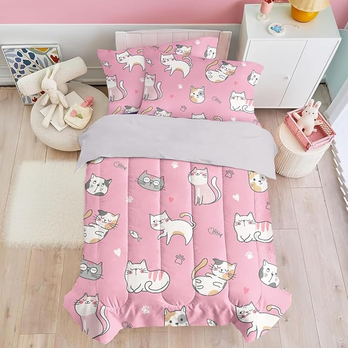Cat Duvet Cover Sets Full Size for Kids Girls, Incude 1 Polyester Comforter Cover 80x90 Inches and 2 Pillowcases 20x26 Inches, Comforter Not Included, Gift for Christmas Birthday