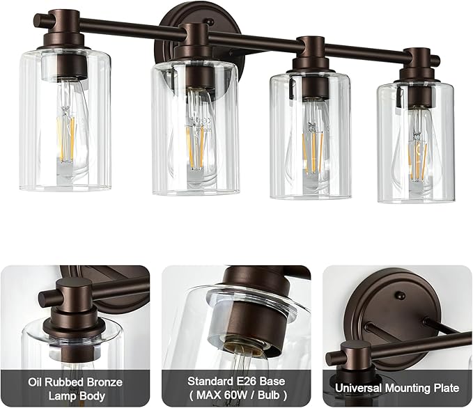 Bathroom Light Fixtures Wall Sconce Light with Clear Glass Oil Rubbed Bronze 4 Lights Bathroom Lighting Over Mirror Vanity Lights for Living Room,Bedroom,Restroom,Hallway E26 Base