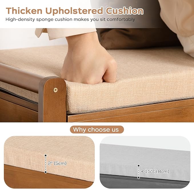 47.2in Shoe Bench Entryway - Bamboo Shoe Rack Bench with Storage, Shoe Rack Organizer with Cushion, 2 Side Holder, Holds Up tp 330lbs for Front Door Entrance, Living Room