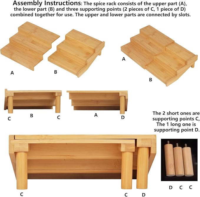 Spice Rack, Bamboo Spice Rack Kitchen Cabinet Organizer Expandable - Bamboo 3 Tier Figurine Display Shelf, Adjustable 3 Tier Spice Racks