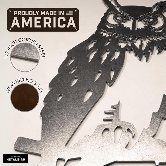 METALBIRD - Great Horned Owl - Outdoor Tree Ornaments in Corten Steel - Metal Art Proudly Made in The USA