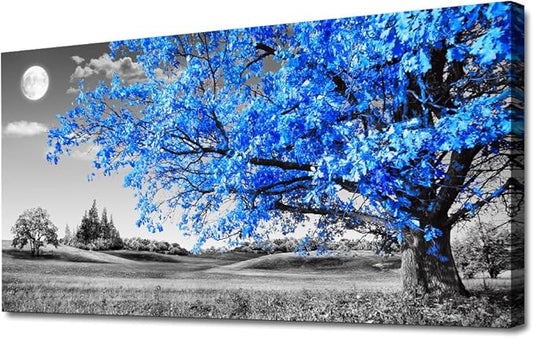 Wapluam Large Canvas Wall Art For Living Room Wall Decor For Bedroom Black And White Wall Paintings Blue Tree Scenery Wall Pictures Prints Artwork Office Decor Room Aesthetic Home Decor 24" X 48"