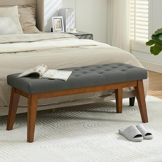 43.5'' Faux Leather Bedroom Bench, Upholstered End of Bed Bench with Tufted Button, Padded Vintage Dining Bench, Entryway Bench with Solid Wood Legs, Kitchen, Living Room, Hallway, Dark Grey Tufted