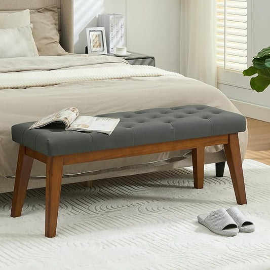 43.5'' Faux Leather Bedroom Bench, Upholstered End of Bed Bench with Tufted Button, Padded Vintage Dining Bench, Entryway Bench with Solid Wood Legs, Kitchen, Living Room, Hallway, Dark Grey Tufted