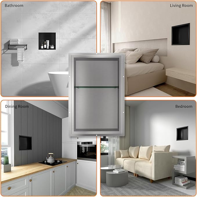 CKB Shower Niche Stainless Steel, 24 Inch x 14 Inch x 4 Inch Depth, Double-Layer Storage Shelves, Recessed Shower Shelf with Brushed Nickel