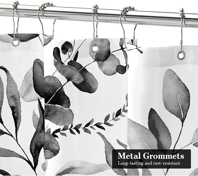 MitoVilla Black Spring Floral Shower Curtain, Modern Plants Botanical Fabric Cloth Shower Curtains for Chic Elegant Bathroom Decor, Summer Watercolor Eucalyptus Leaf, 72x72