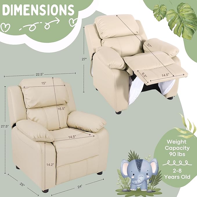 JC Home Macaron Kids Reclining Chair Leather Recliner Sofa Push Back Toddler Youth Children Child Ages 2-8