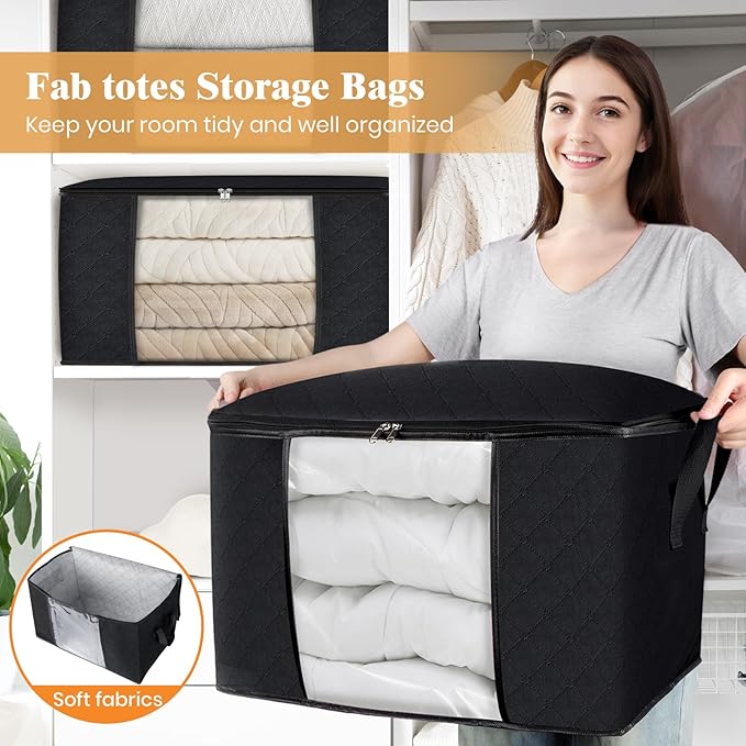 Fab totes 90L Clothes Storage, Foldable Thick Fabric Blanket Storage Bags, Containers for Organizing Bedroom, Closet, Clothing, Comforter, Organization with Handle (8 Pack,Black)
