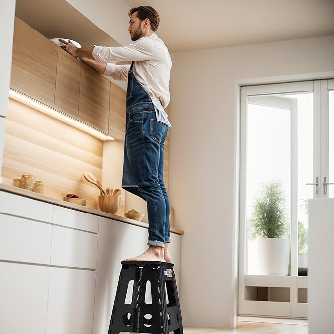 ACKO Folding Step Stool Foldable 17.5 Inch 400 lbs Capacity, Plastic Stools for Adults and Kids, Collapsible Stools for Kitchen, Stepping Stool with Handle (Black)