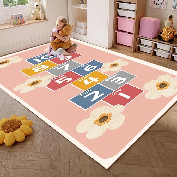 Hopscotch Rug for Kids - Non-Slip Indoor Play Mat for Boys & Girls 0-12, Classroom Rug for Kindergarten, Bedroom, Playroom(Pink, 2.6×4ft)