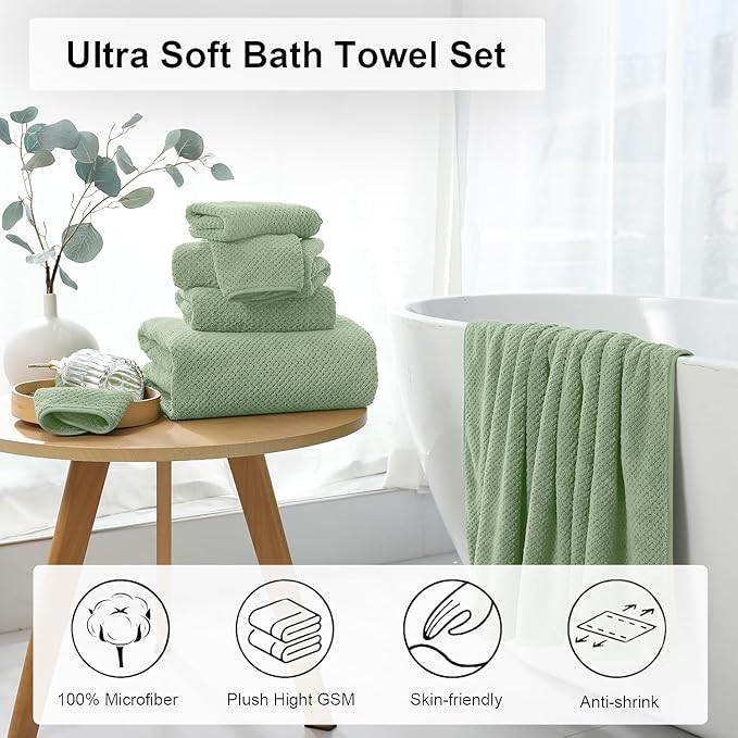 8 Piece Green Family Bath Towel Set-2 Oversized Bath Towel Sheets,2 Hand Towels,4 Washcloths-600GSM Soft Highly Absorbent Quick Dry Beach Chair Towels Woven Towels for Bathroom Hotel and Spa