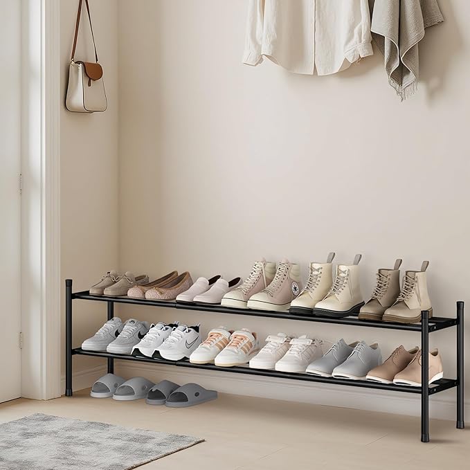 STORAGE MANIAC Long Expandable Shoe Rack, 12 Pairs Metal Wide Stackable Shoe Rack, Adjustable Shoes Shelf, Freestanding Shoes Organizer for Closet, Entryway, Hallway, Garage, Front Door, 2 Tiers