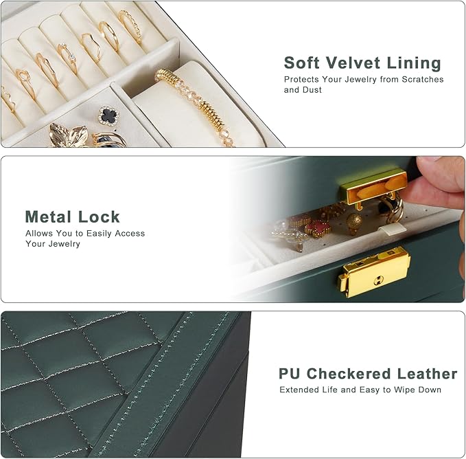 Jewelry Box for Women Girl Wife - Large PU Leather Jewelry Organizer Storage Case with Two Layers Display for Earrings Bracelets Rings Watches (Hunter Green)