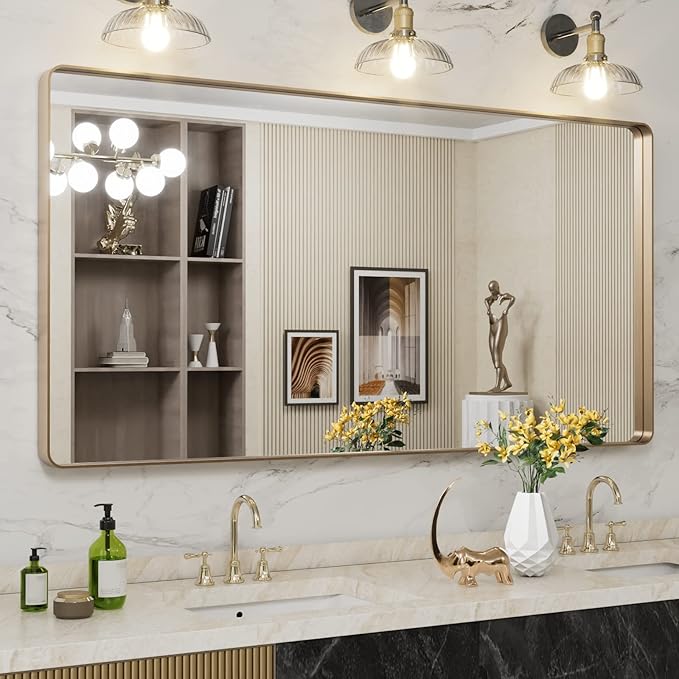 LOAAO 60”X30” Gold Bathroom Mirror, Rounded Rectangle Gold Frame Mirror, Brushed Gold Bathroom Vanity Mirror Wall-Mounted, Anti-Rust, Tempered Glass, Hangs Horizontally or Vertically