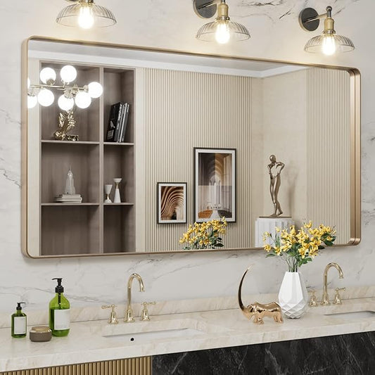 LOAAO 60”X30” Gold Bathroom Mirror, Rounded Rectangle Gold Frame Mirror, Brushed Gold Bathroom Vanity Mirror Wall-Mounted, Anti-Rust, Tempered Glass, Hangs Horizontally or Vertically