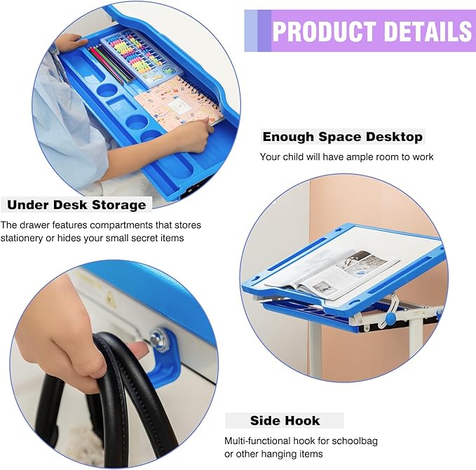 PayLessHere Kids Desk and Chair Set,Height Adjustable Study Desk for Kids with Pull Out Drawer Storage,Multi-Function Study Desk and Chair for Writing, Reading and Drawing,Blue