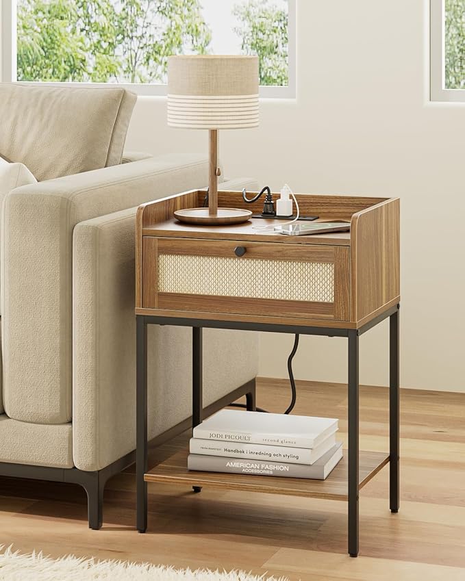 Nightstand with Charging Station,3-Tier Bedside Table for Small Space,Modern Night Stand with Storage Drawer and Shelf,Small Side Table for Bedroom,Living Room,Walnut Brown