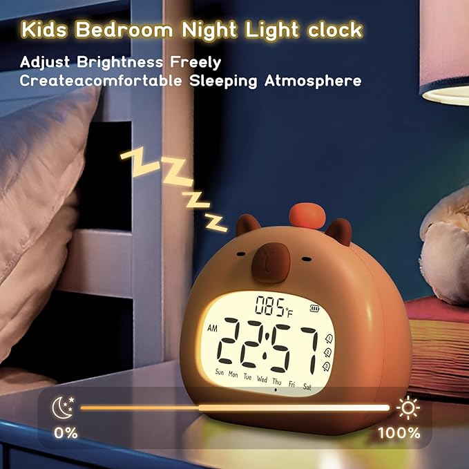 Capybara Kids Alarm Clock with Night Light, Digital Alarm Clocks for Bedrooms, Cute Kawaii Capibara Loud Ok to Wake Up Rechargeable, Snooze, 3 Alarms
